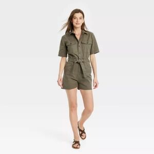 Universal Thread Button Front Short Sleeve Romper in Olive Navy Green Size 2 & 8